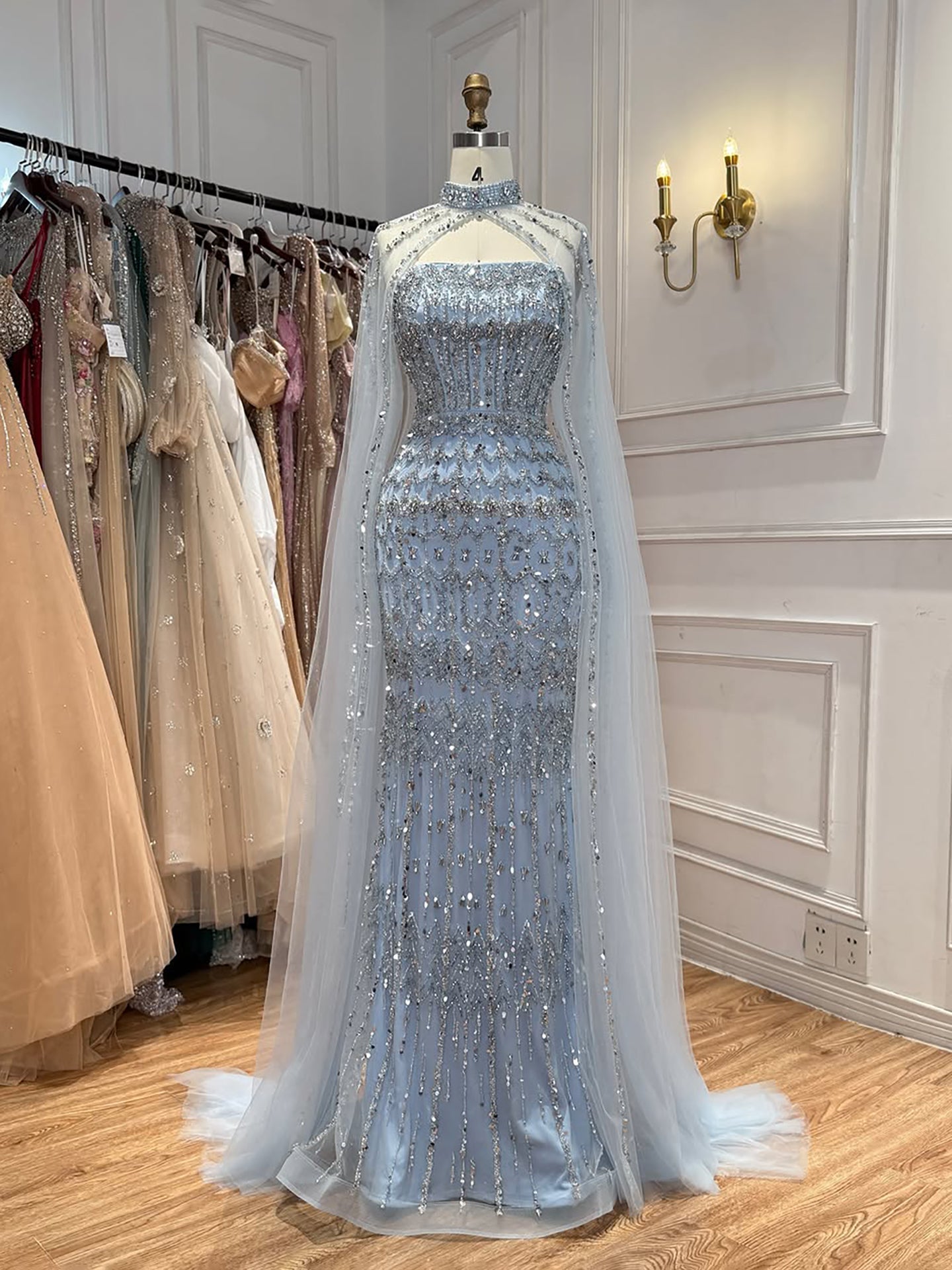 Luxury Turquoise Beaded Evening Dress with Detachable Cape LA72714B