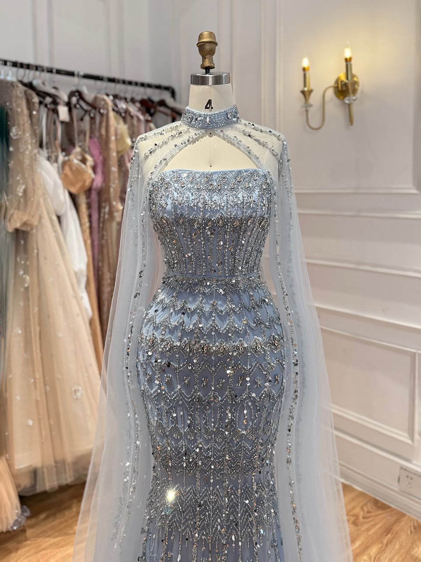 Luxury Turquoise Beaded Evening Dress with Detachable Cape LA72714B