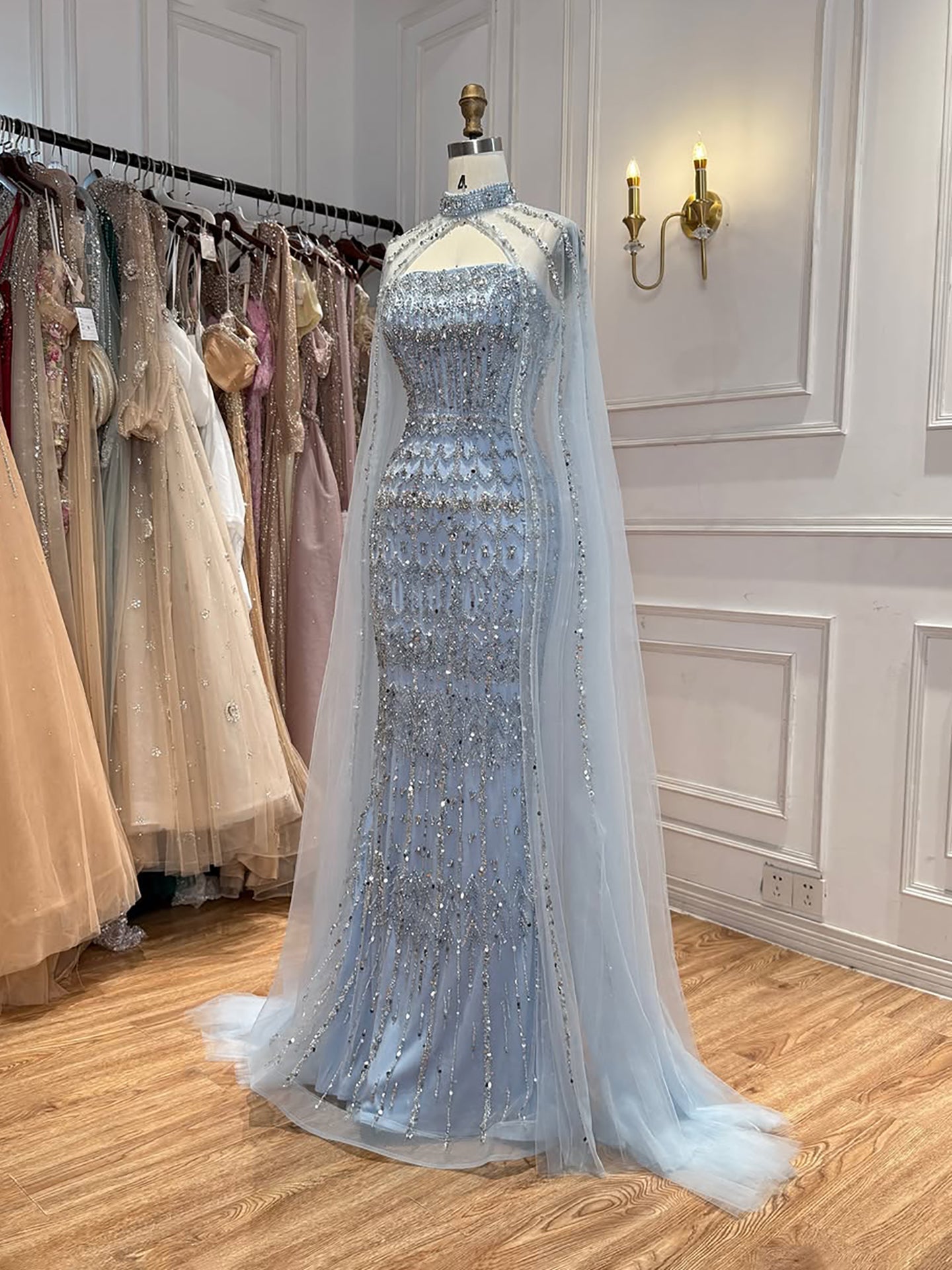 Luxury Turquoise Beaded Evening Dress with Detachable Cape LA72714B