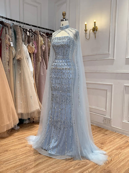 Luxury Turquoise Beaded Evening Dress with Detachable Cape LA72714B