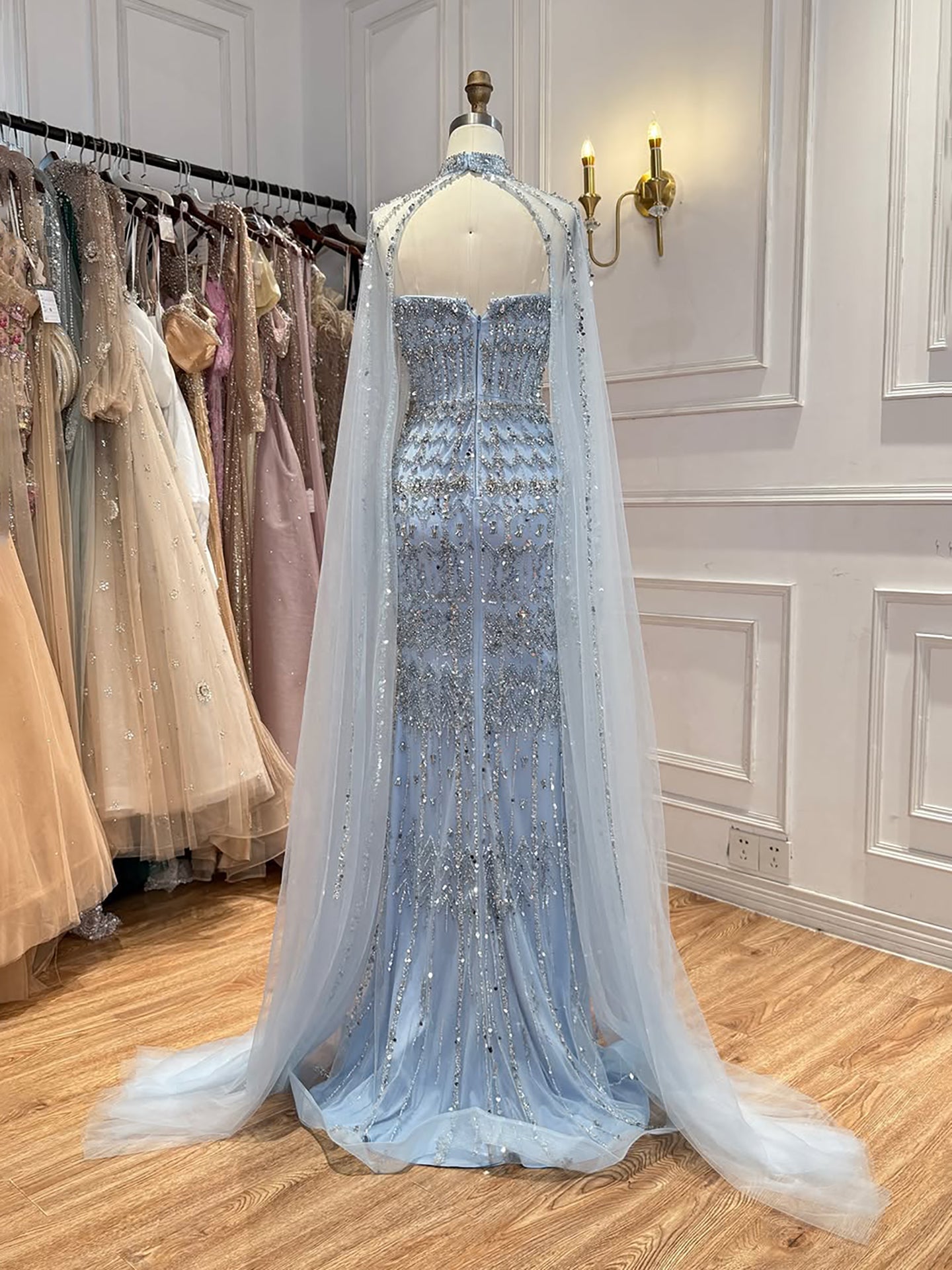 Luxury Turquoise Beaded Evening Dress with Detachable Cape LA72714B