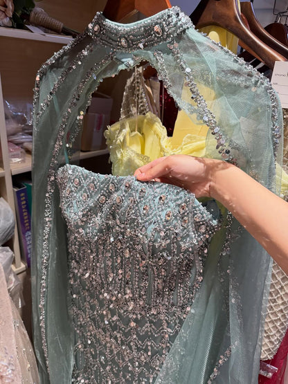 Luxury Turquoise Beaded Evening Dress with Detachable Cape LA72714B