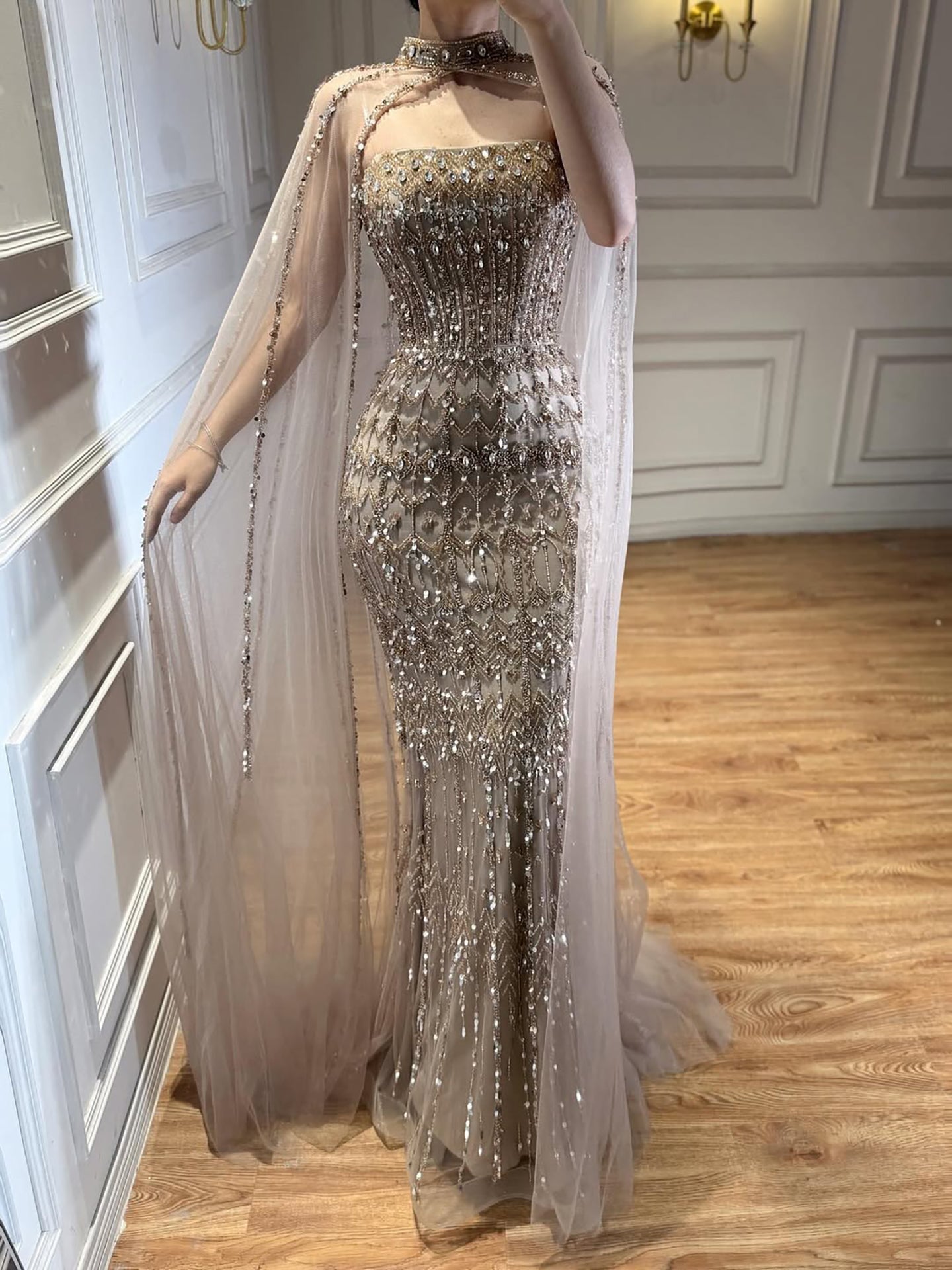 Luxury Turquoise Beaded Evening Dress with Detachable Cape LA72714B
