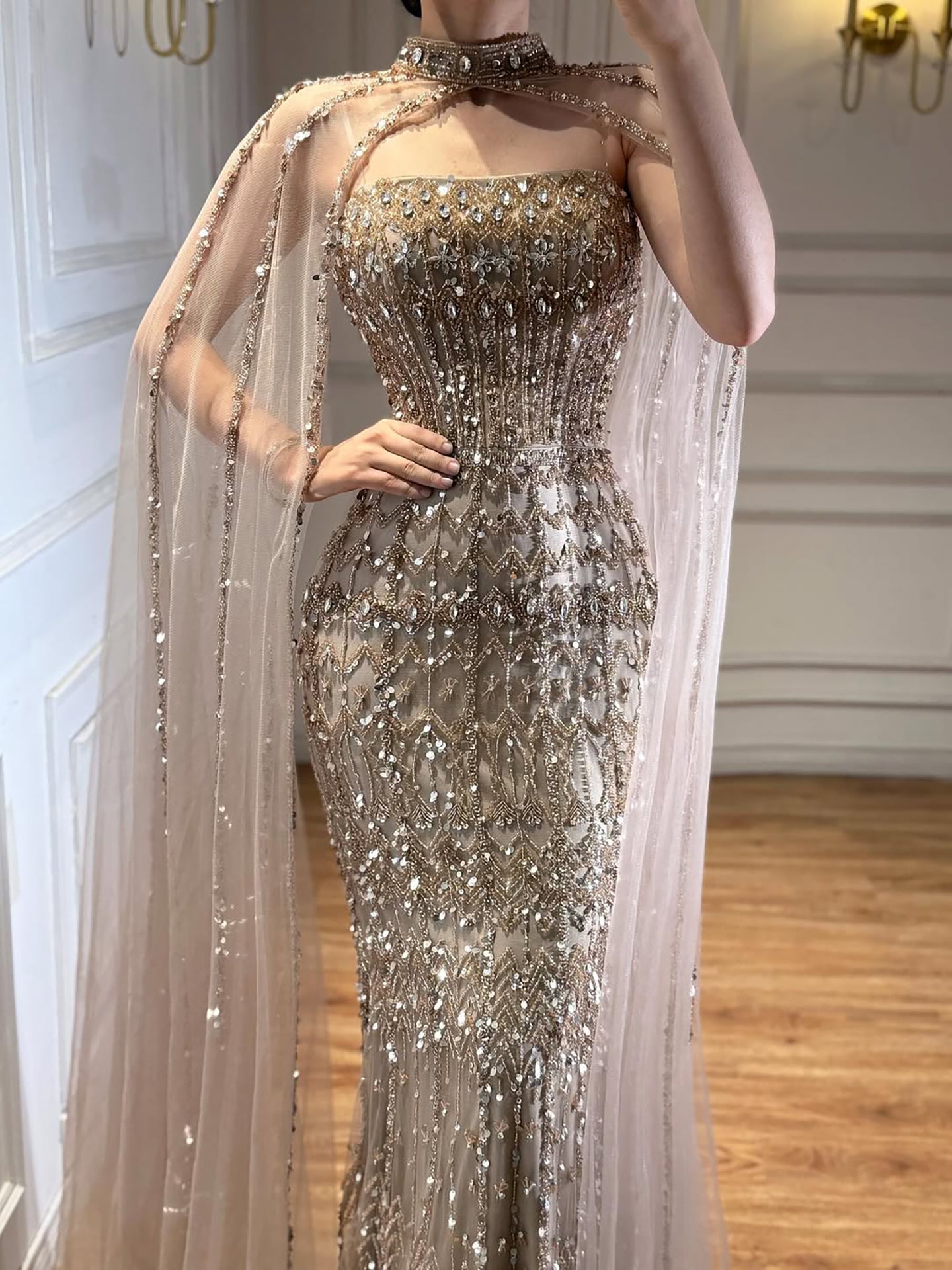 Luxury Turquoise Beaded Evening Dress with Detachable Cape LA72714B