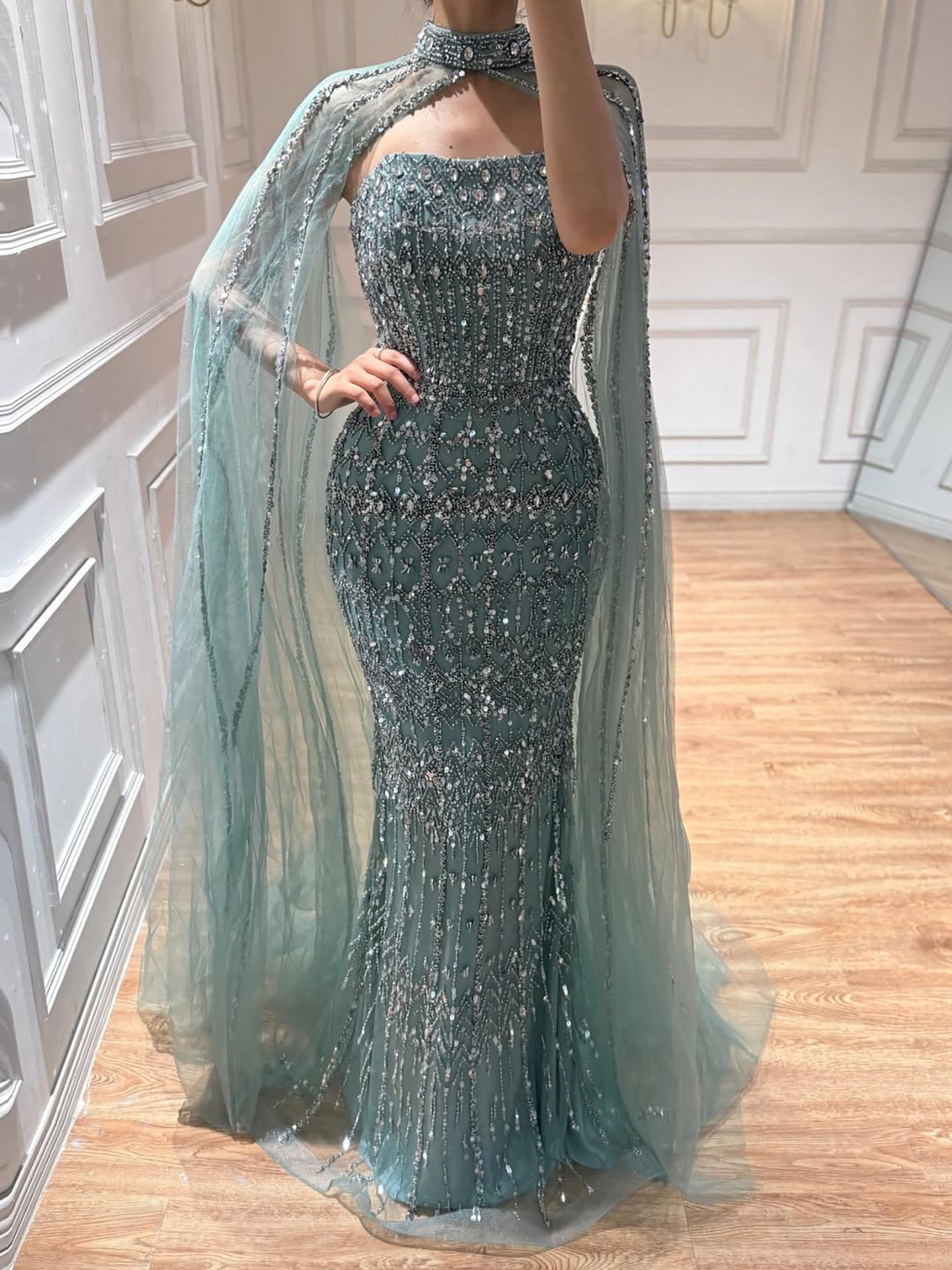 Luxury Turquoise Beaded Evening Dress with Detachable Cape LA72714B