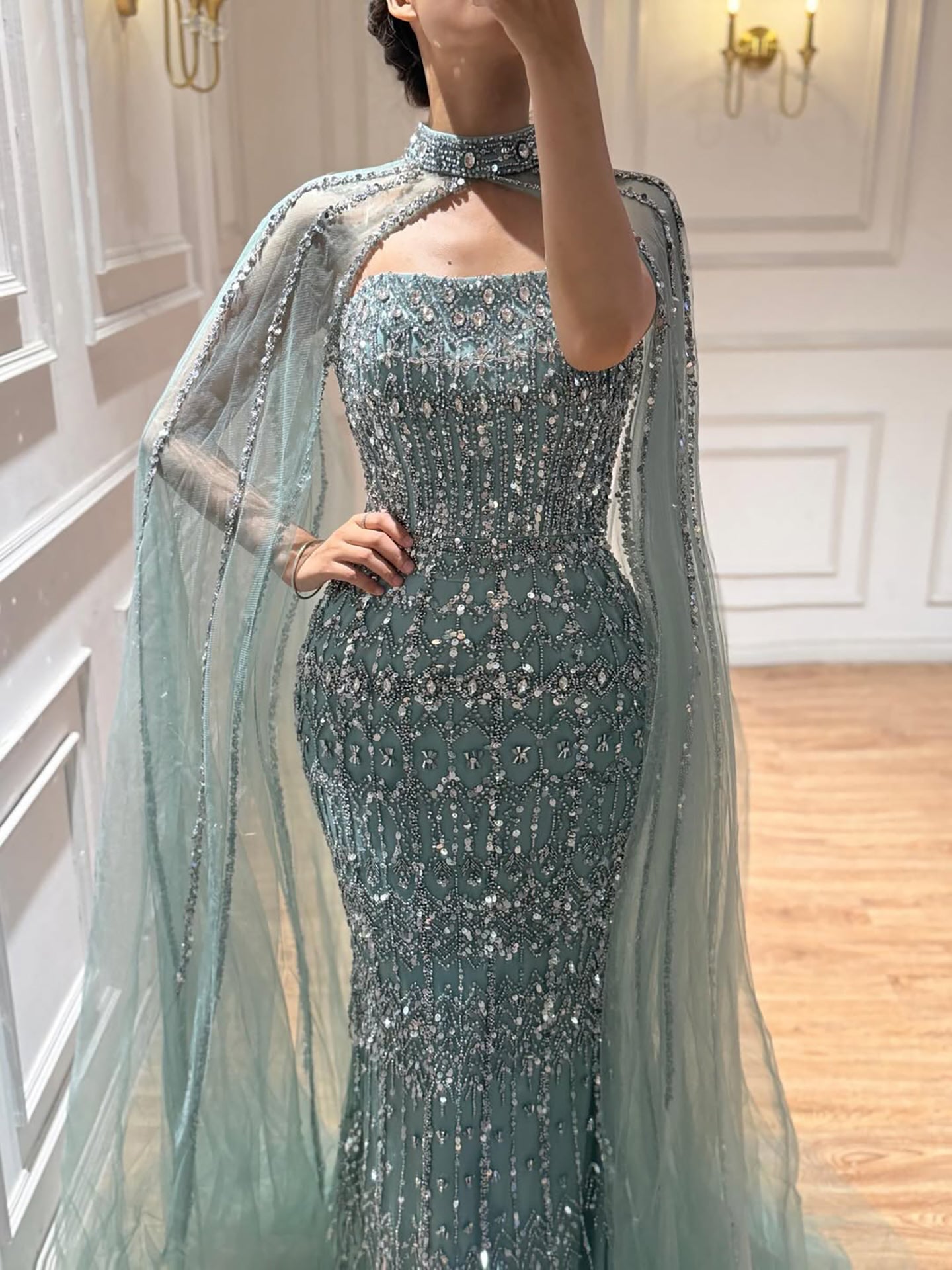 Luxury Turquoise Beaded Evening Dress with Detachable Cape LA72714B