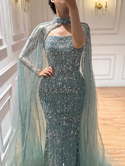 Luxury Turquoise Beaded Evening Dress with Detachable Cape LA72714B