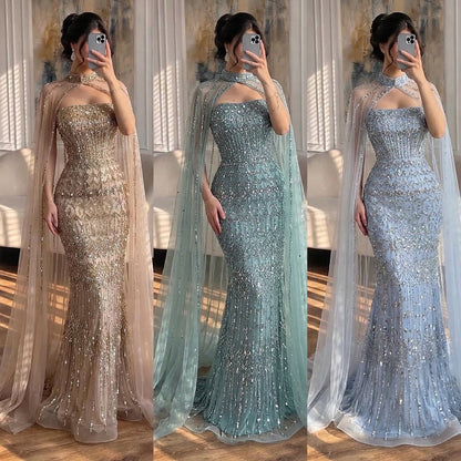 Luxury Turquoise Beaded Evening Dress with Detachable Cape LA72714B