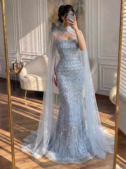Luxury Turquoise Beaded Evening Dress with Detachable Cape LA72714B