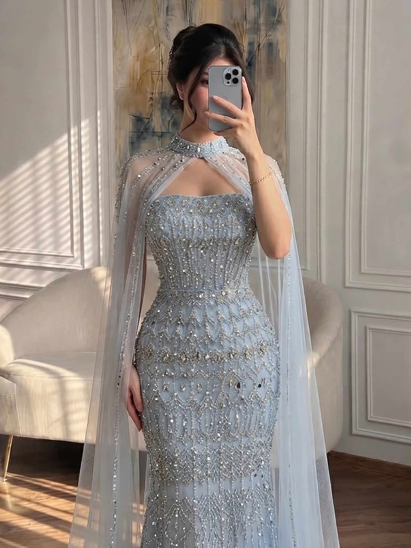 Luxury Turquoise Beaded Evening Dress with Detachable Cape LA72714B