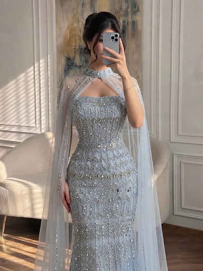 Luxury Turquoise Beaded Evening Dress with Detachable Cape LA72714B