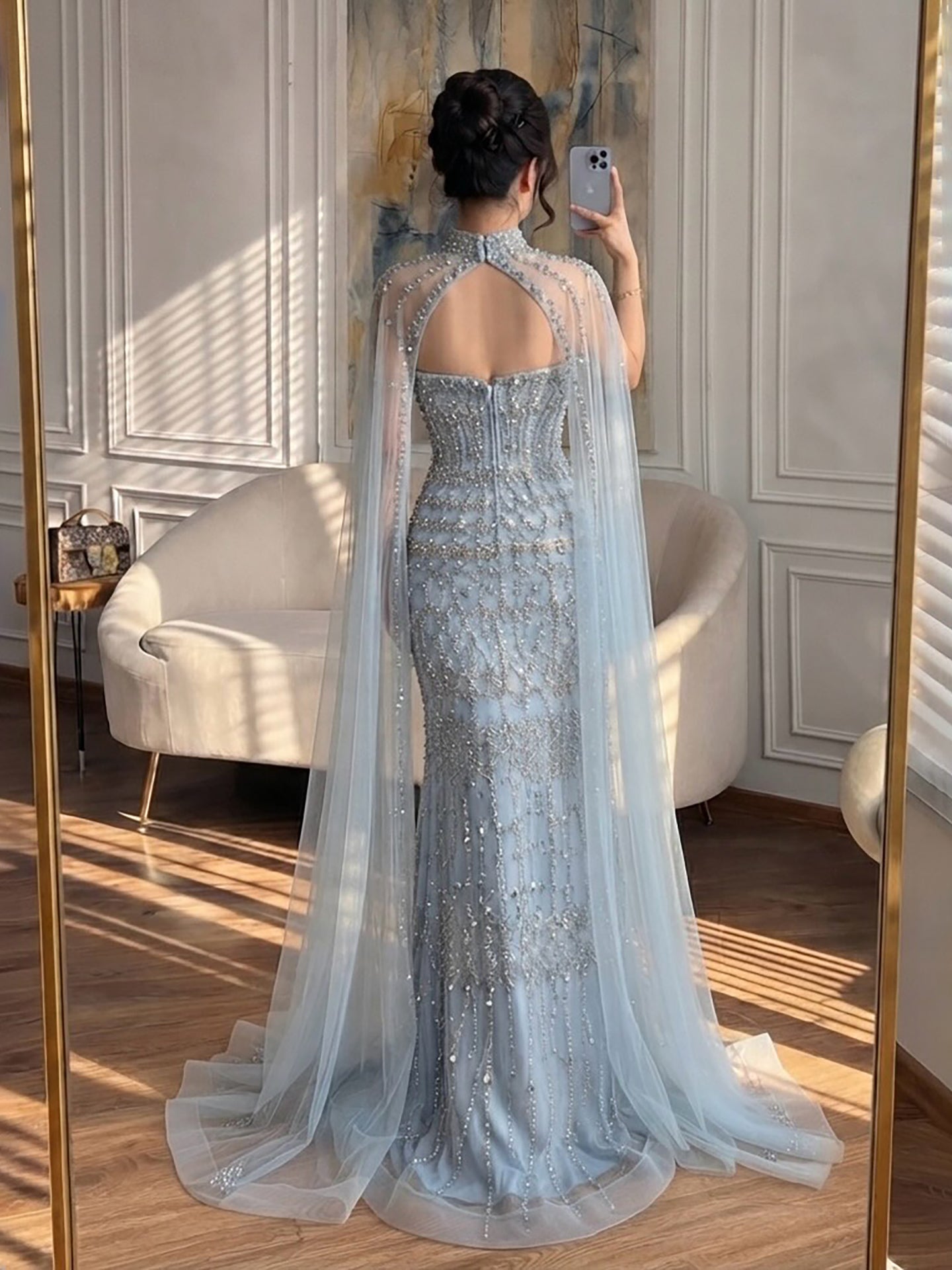 Luxury Turquoise Beaded Evening Dress with Detachable Cape LA72714B