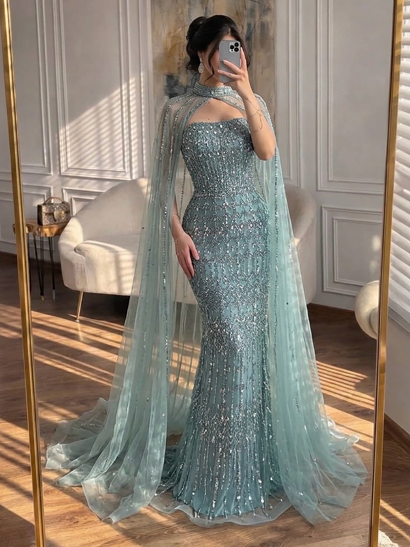 Luxury Turquoise Beaded Evening Dress with Detachable Cape LA72714B