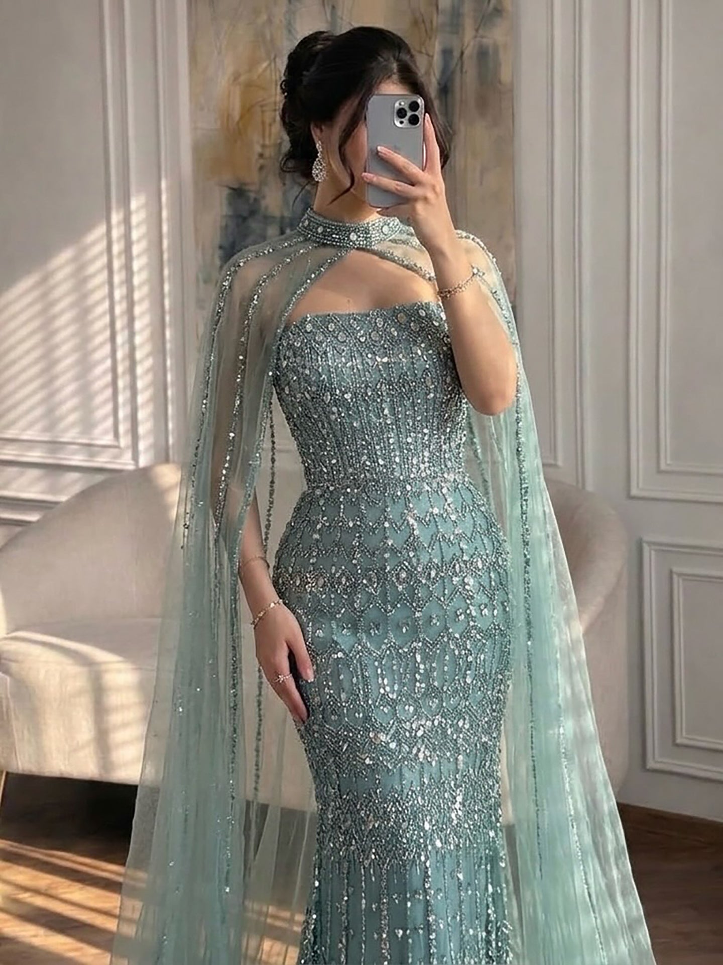 Luxury Turquoise Beaded Evening Dress with Detachable Cape LA72714B