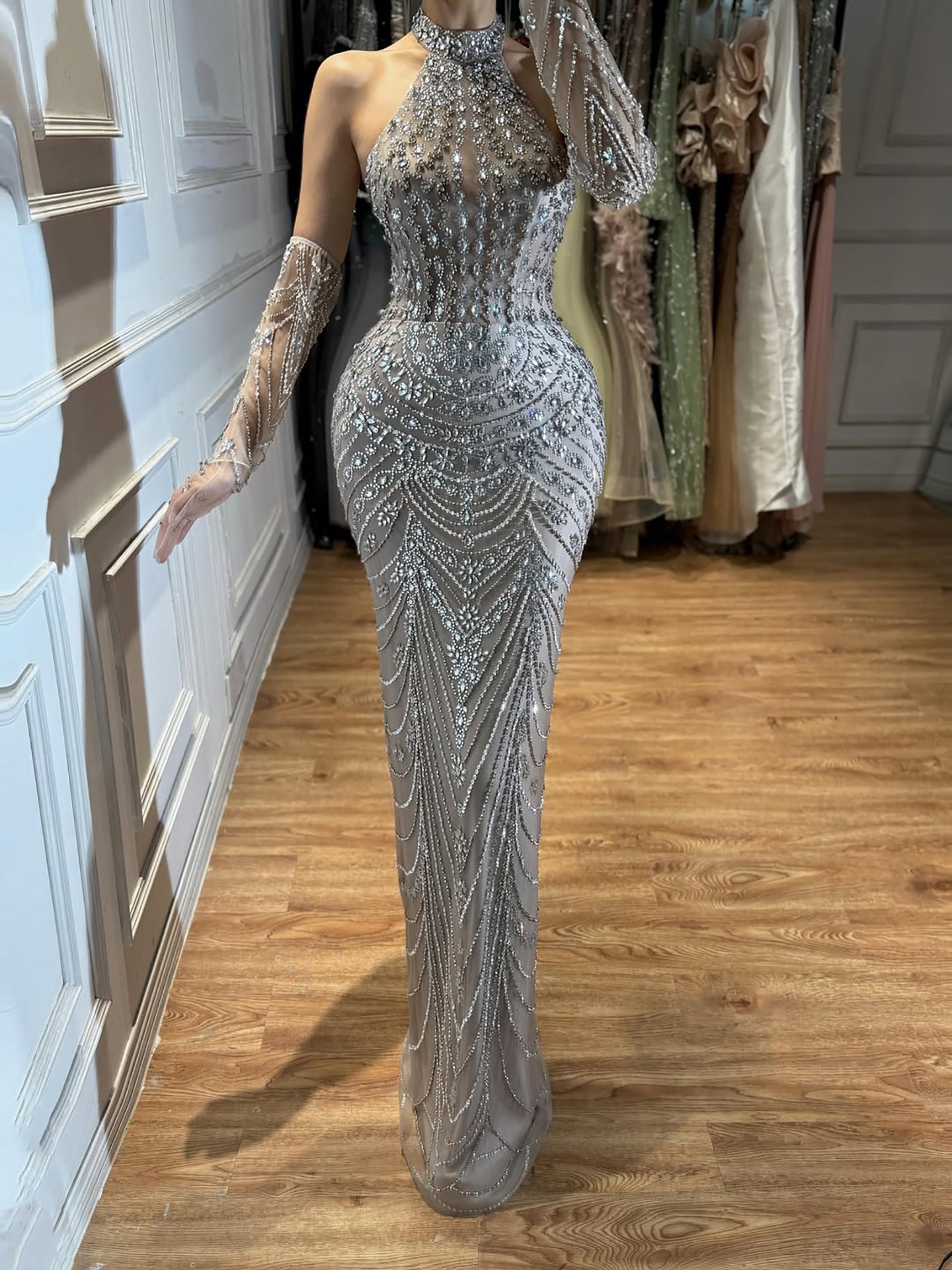 Halter Neck Blue Mermaid Luxury Evening Dress with Gloves LA72760C