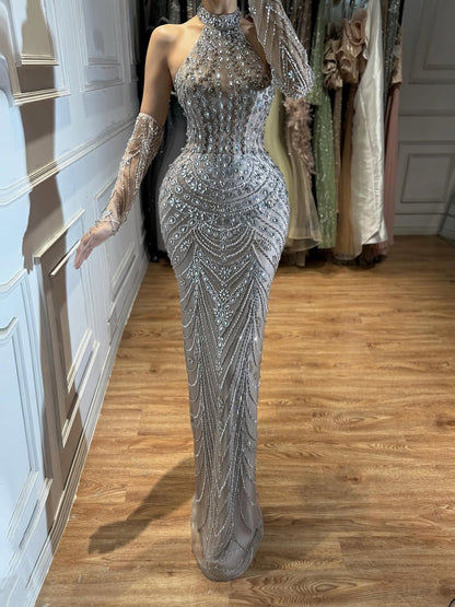 Halter Neck Blue Mermaid Luxury Evening Dress with Gloves LA72760C