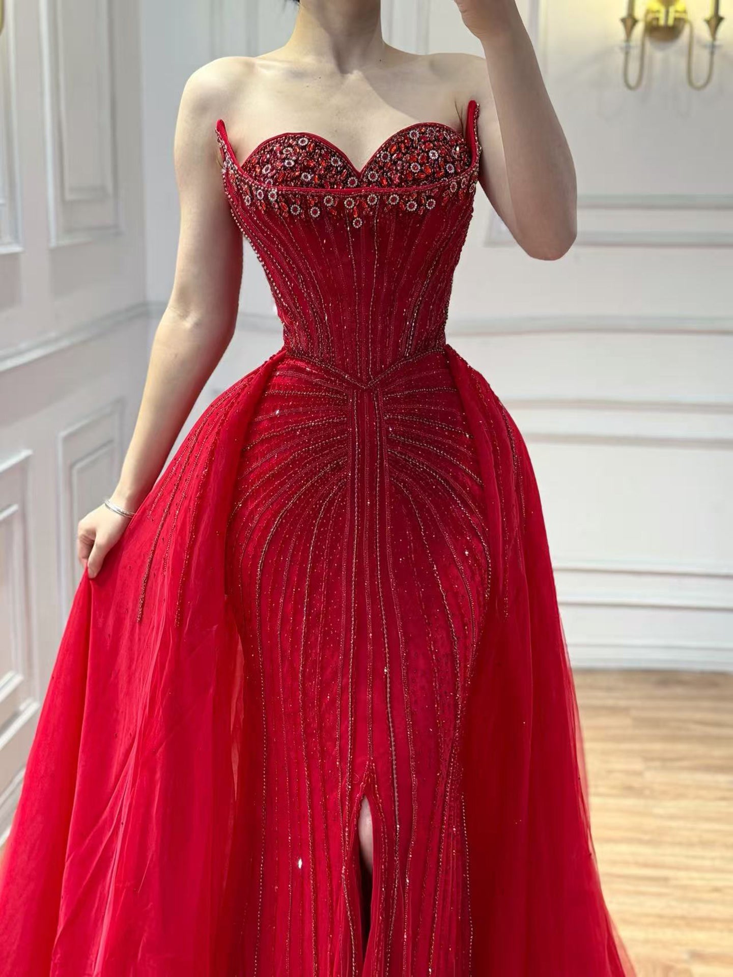 Luxury Dubai Nude Beaded Mermaid Evening Dress with Overskirt LA72811