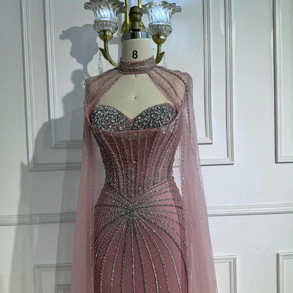 Red Beaded Mermaid Luxury Evening Dress with Cape LA72811A