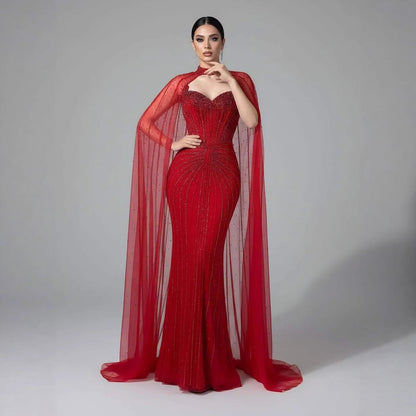 Caramel Beaded Mermaid Luxury Evening Dress with Detachable Cape LA72811C