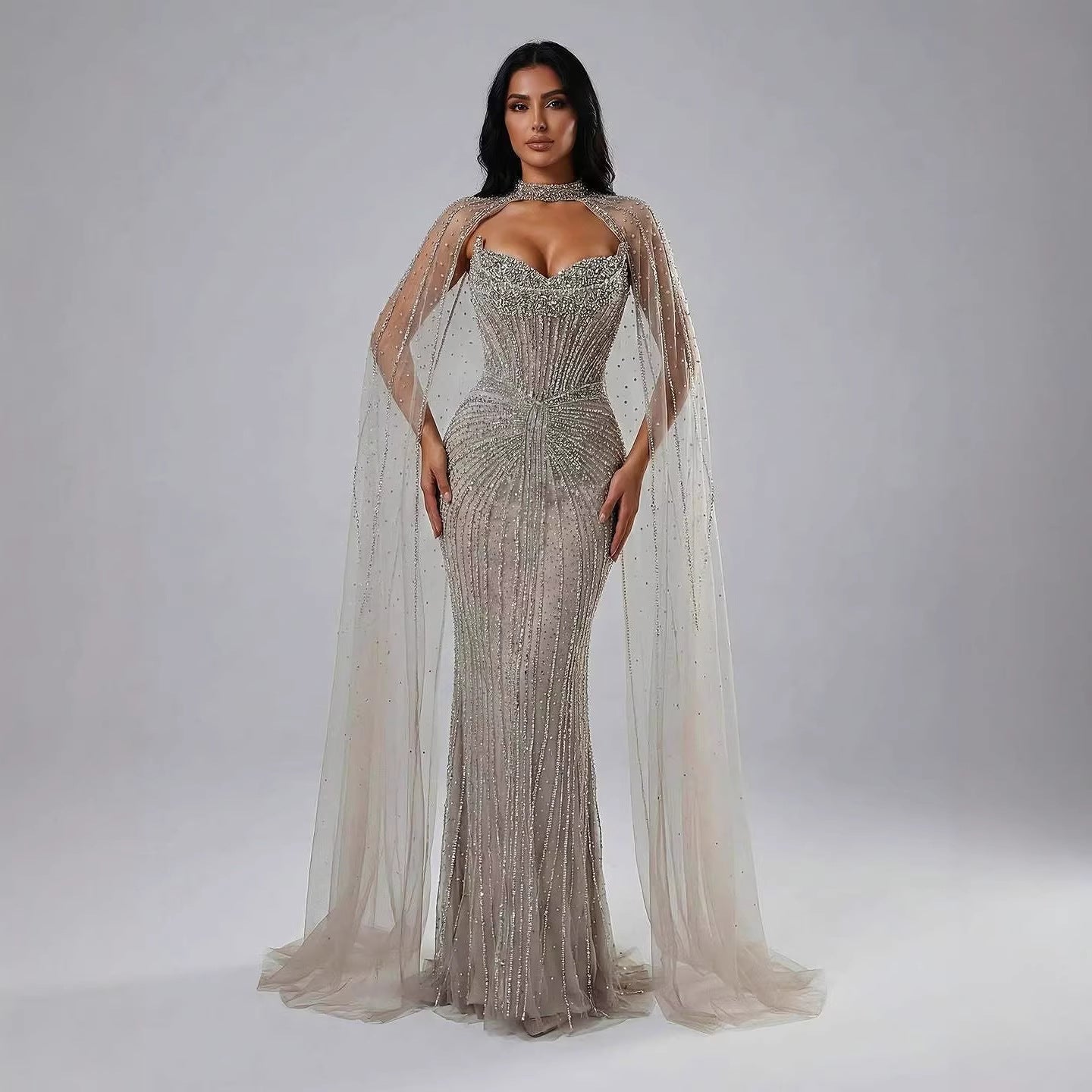 Caramel Beaded Mermaid Luxury Evening Dress with Detachable Cape LA72811C