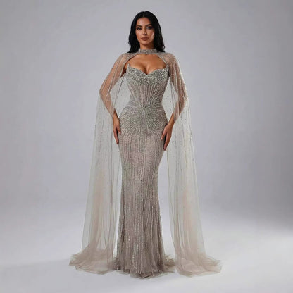 Caramel Beaded Mermaid Luxury Evening Dress with Detachable Cape LA72811C