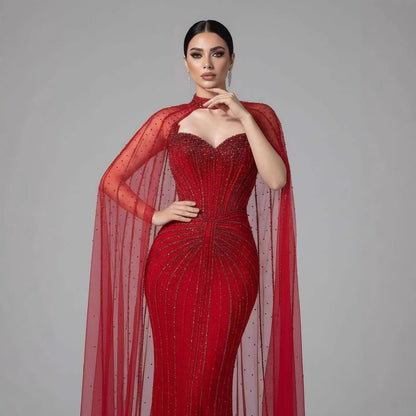 Caramel Beaded Mermaid Luxury Evening Dress with Detachable Cape LA72811C