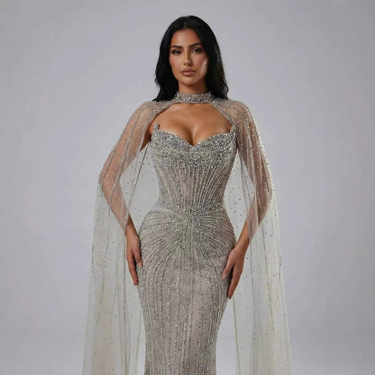 Caramel Beaded Mermaid Luxury Evening Dress with Detachable Cape LA72811C