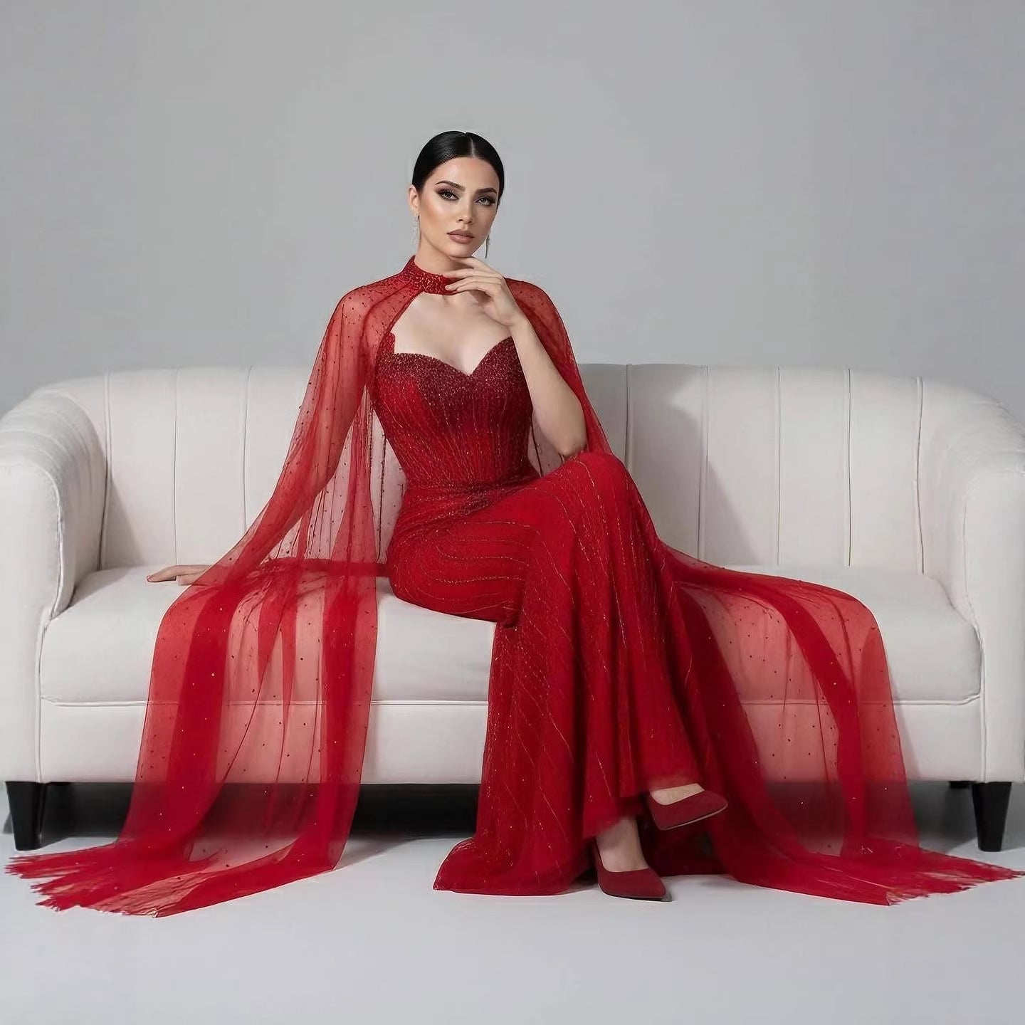 Caramel Beaded Mermaid Luxury Evening Dress with Detachable Cape LA72811C