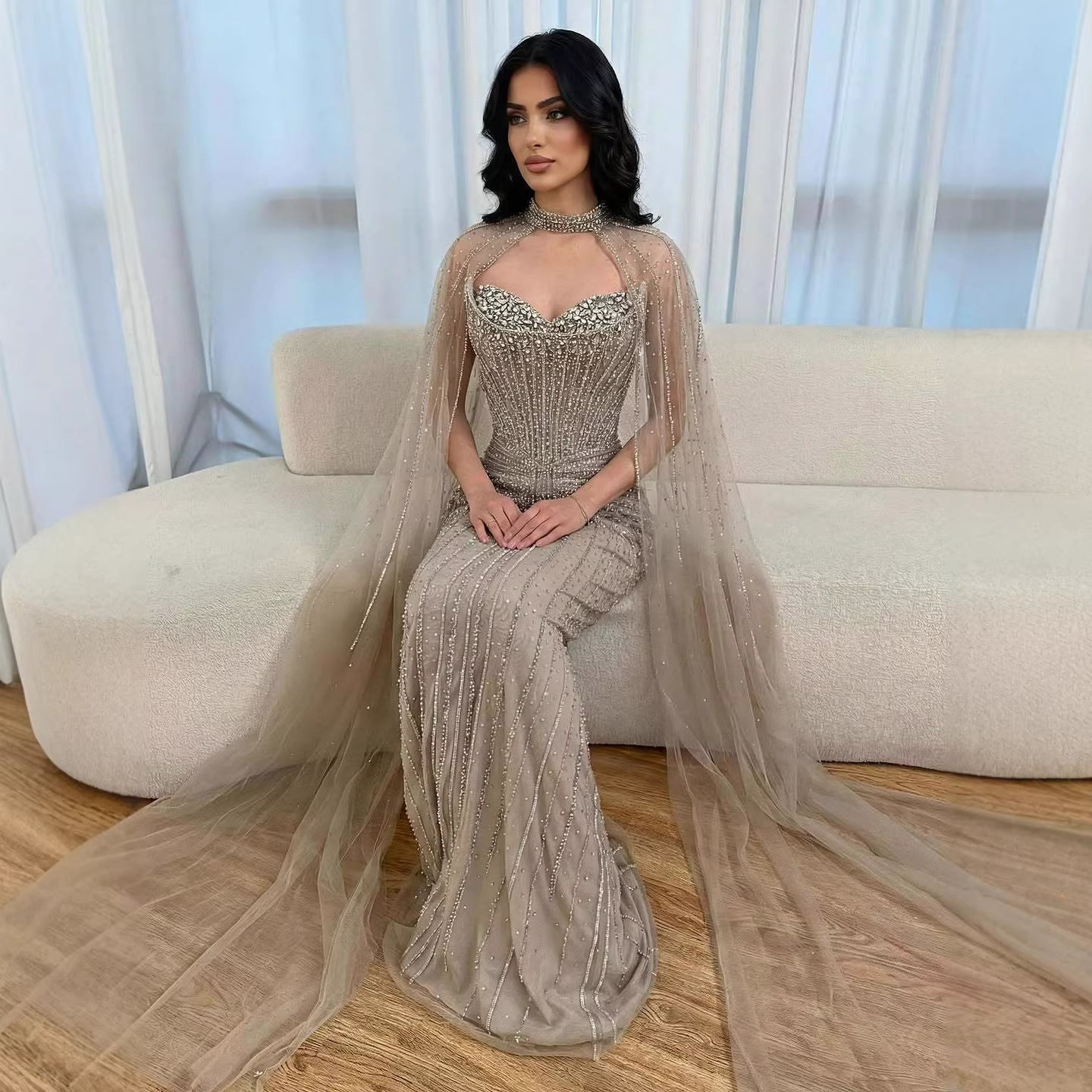 Caramel Beaded Mermaid Luxury Evening Dress with Detachable Cape LA72811C