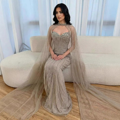 Caramel Beaded Mermaid Luxury Evening Dress with Detachable Cape LA72811C
