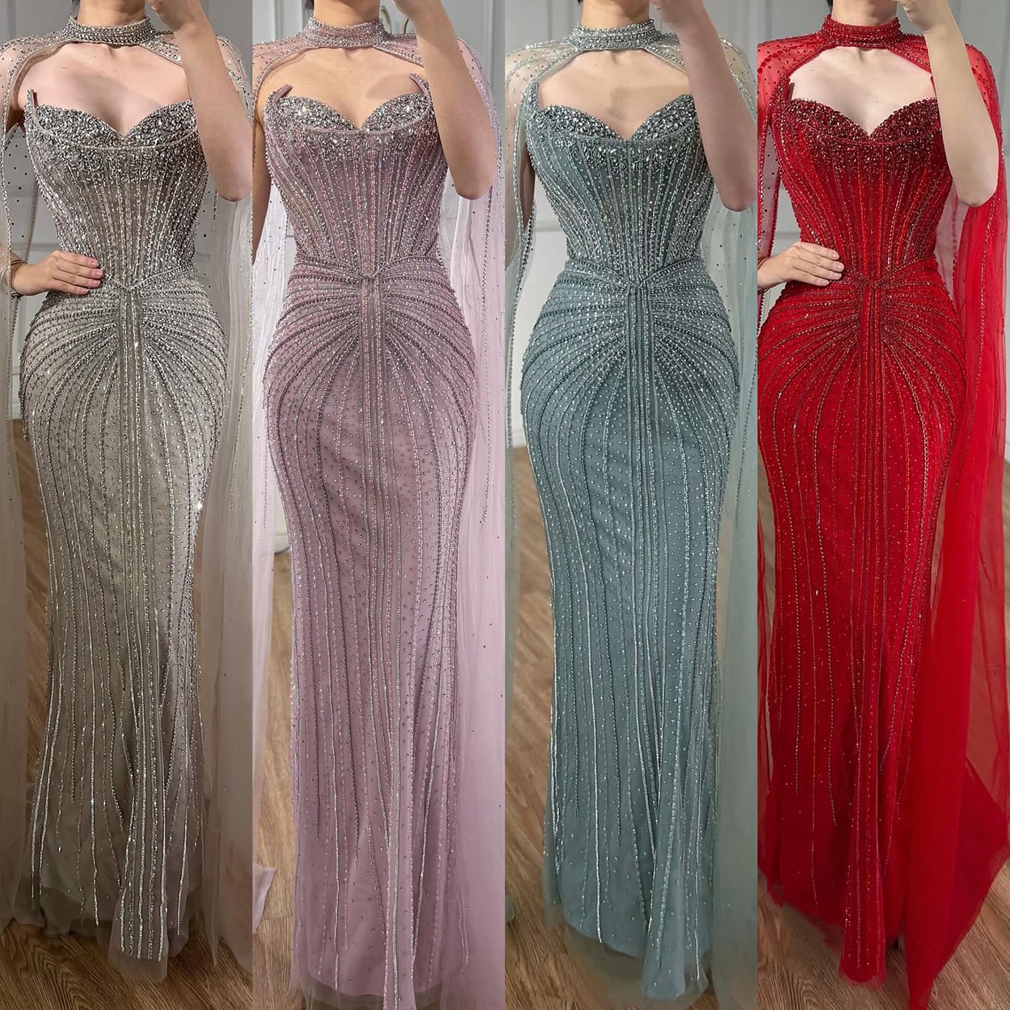 Caramel Beaded Mermaid Luxury Evening Dress with Detachable Cape LA72811C