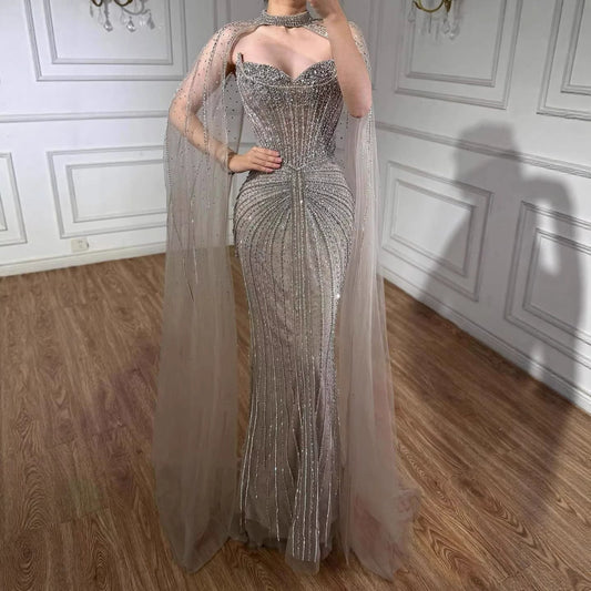 Caramel Beaded Mermaid Luxury Evening Dress with Detachable Cape LA72811C