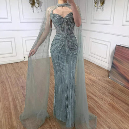 Caramel Beaded Mermaid Luxury Evening Dress with Detachable Cape LA72811C