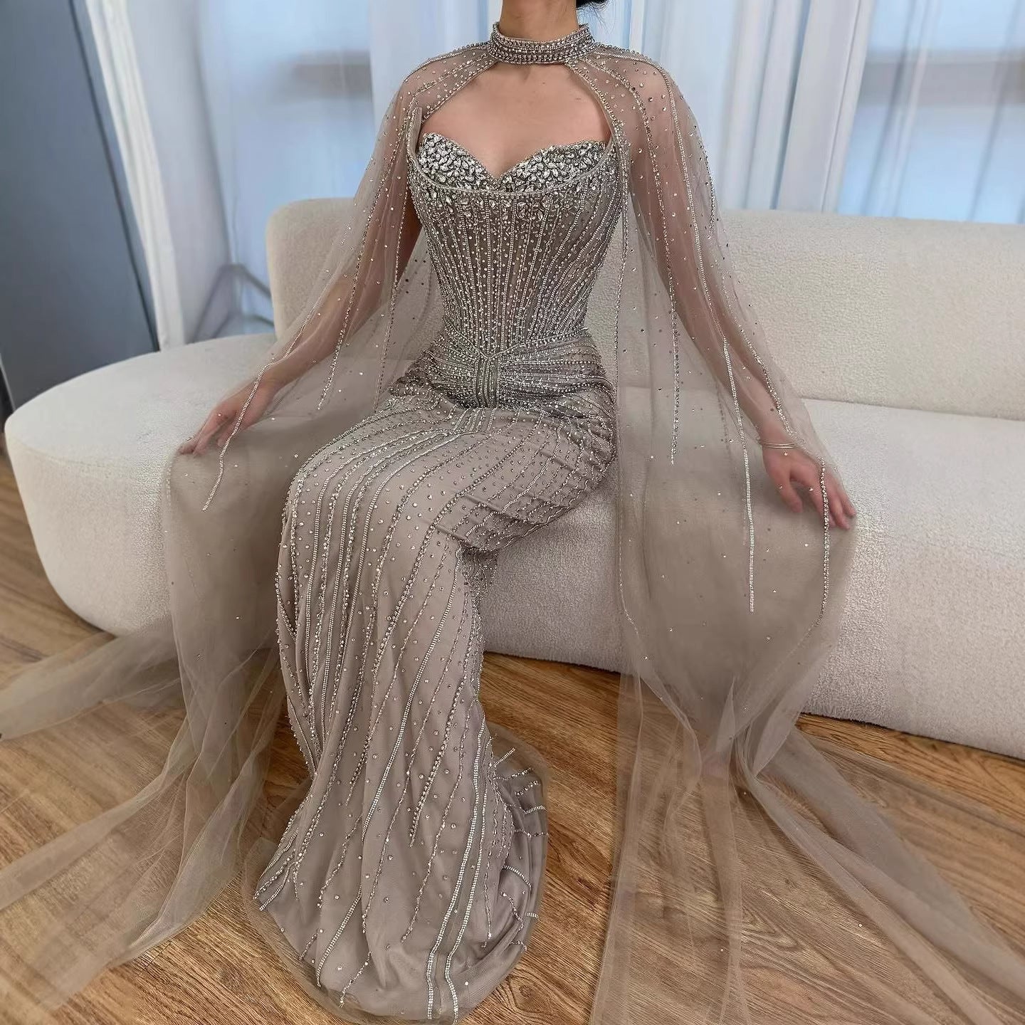 Caramel Beaded Mermaid Luxury Evening Dress with Detachable Cape LA72811C