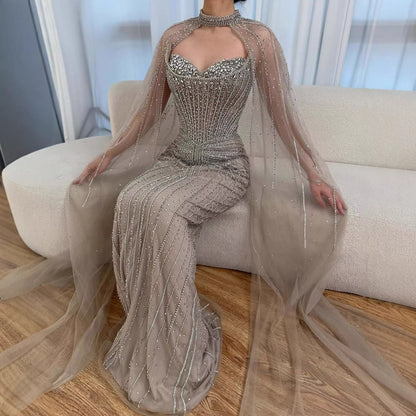 Caramel Beaded Mermaid Luxury Evening Dress with Detachable Cape LA72811C