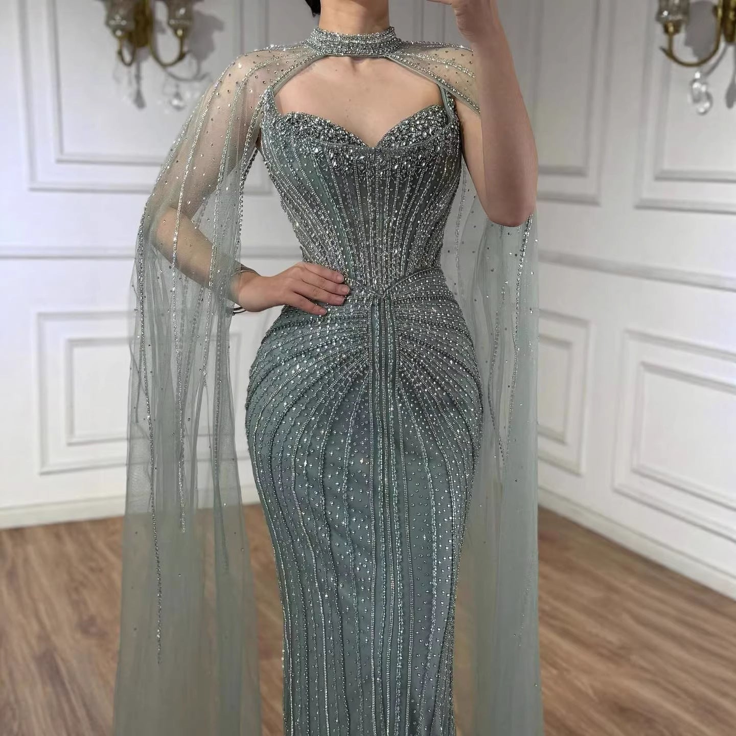 Caramel Beaded Mermaid Luxury Evening Dress with Detachable Cape LA72811C