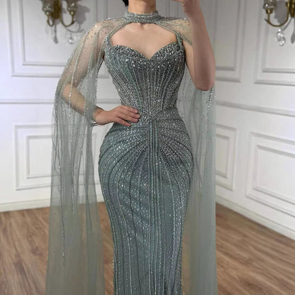 Caramel Beaded Mermaid Luxury Evening Dress with Detachable Cape LA72811C