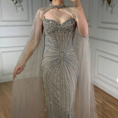 Caramel Beaded Mermaid Luxury Evening Dress with Detachable Cape LA72811C