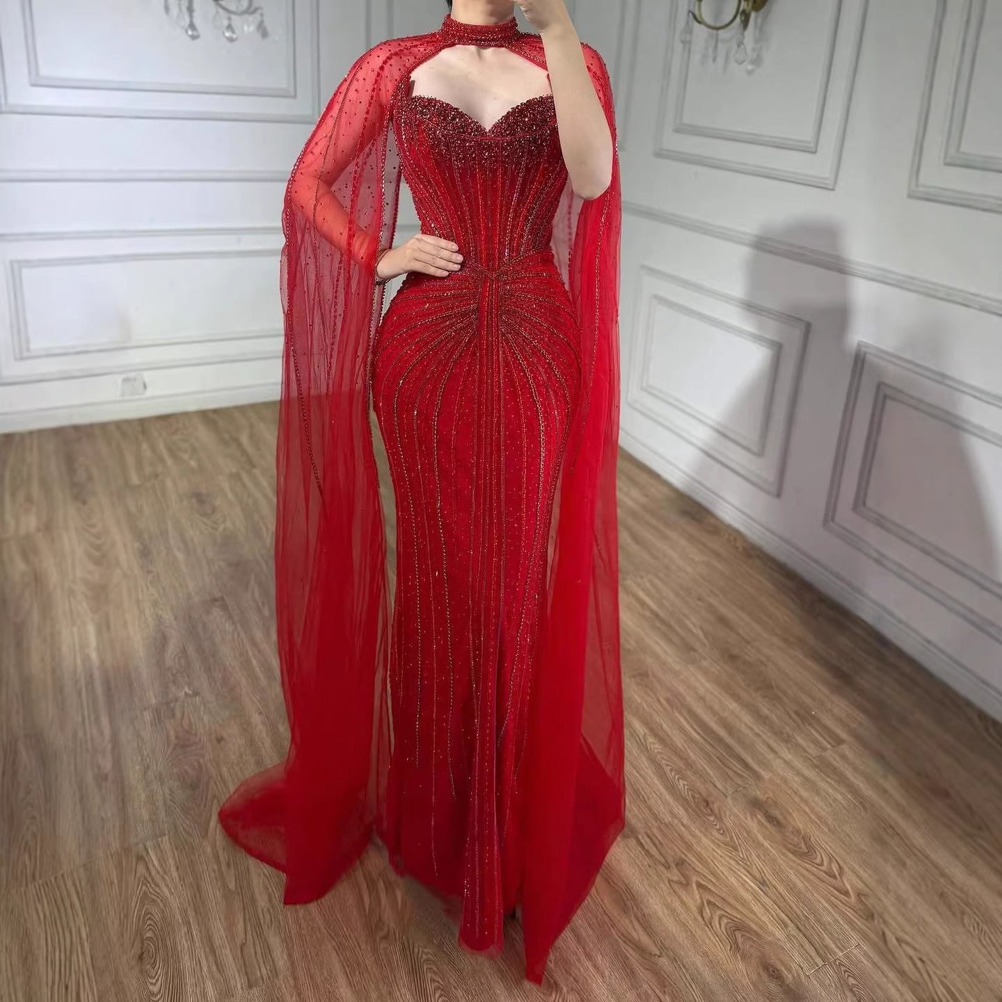 Caramel Beaded Mermaid Luxury Evening Dress with Detachable Cape LA72811C