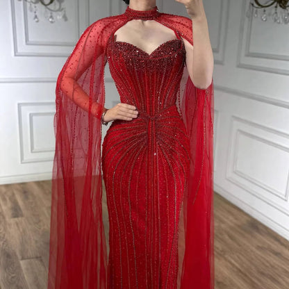 Caramel Beaded Mermaid Luxury Evening Dress with Detachable Cape LA72811C