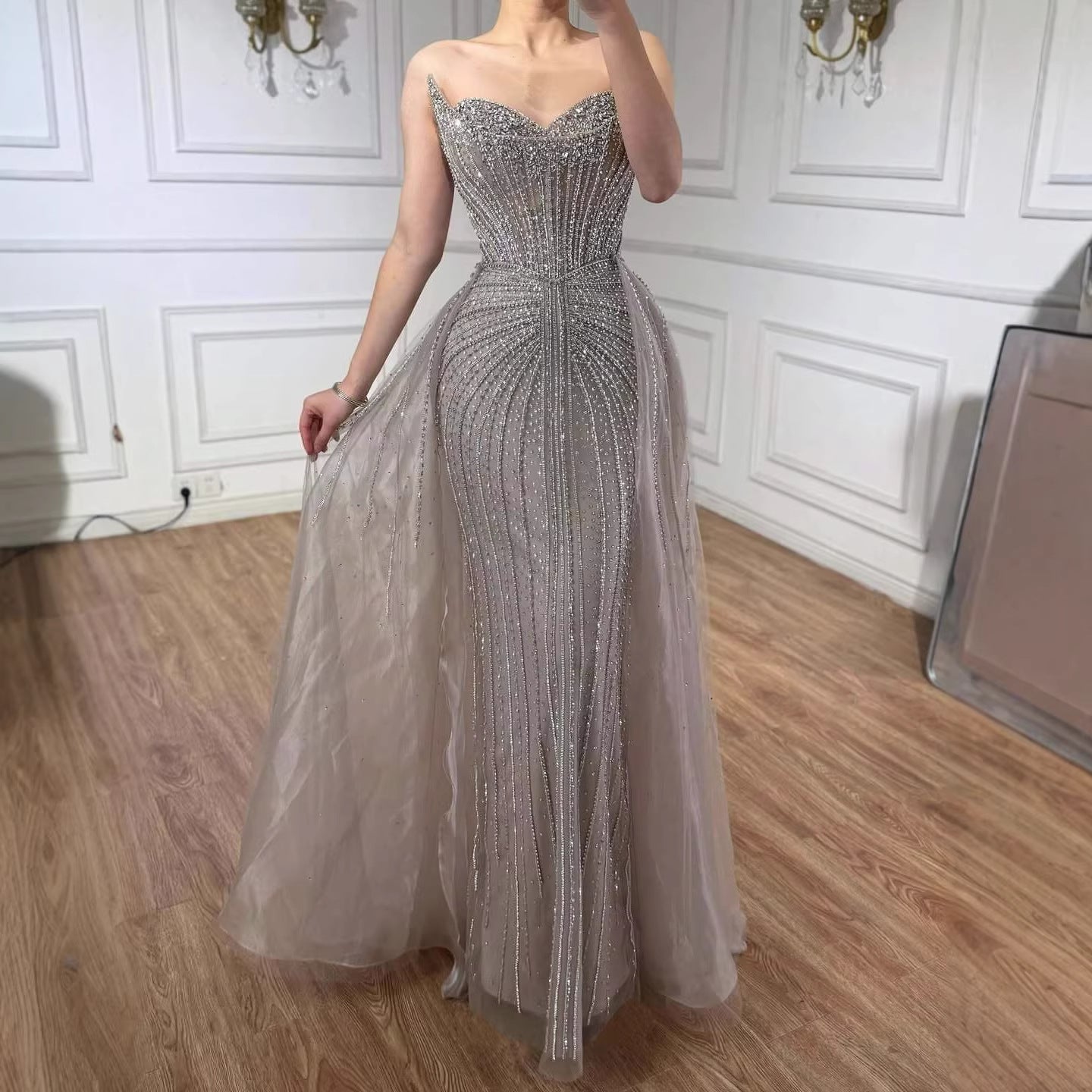Caramel Crystal Beaded Mermaid Evening Dress with Overskirt LA72811D
