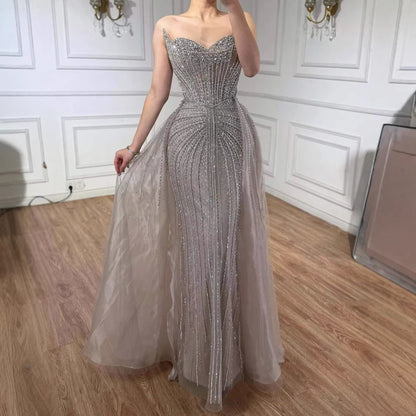 Caramel Crystal Beaded Mermaid Evening Dress with Overskirt LA72811D