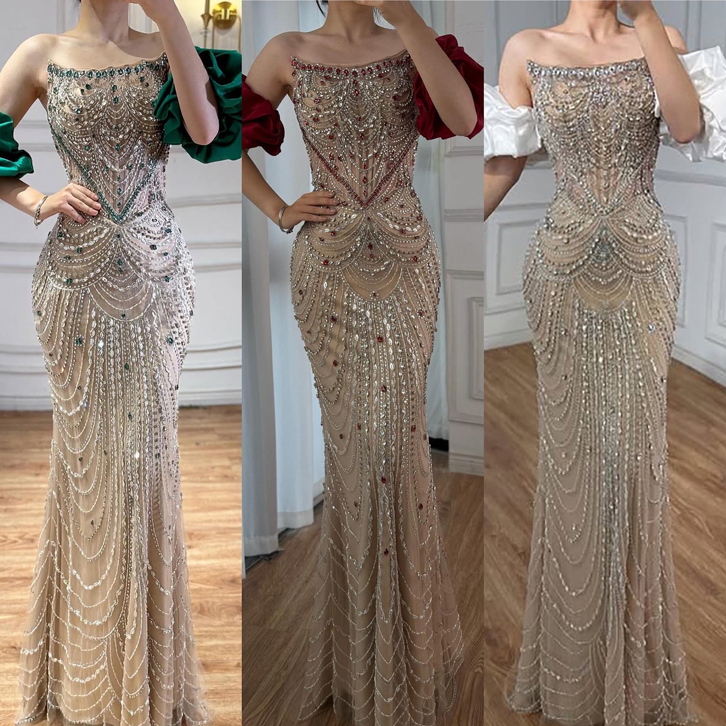 Luxury Red Beaded Evening Dress with Puff Sleeves Pearl Adorned LA72903
