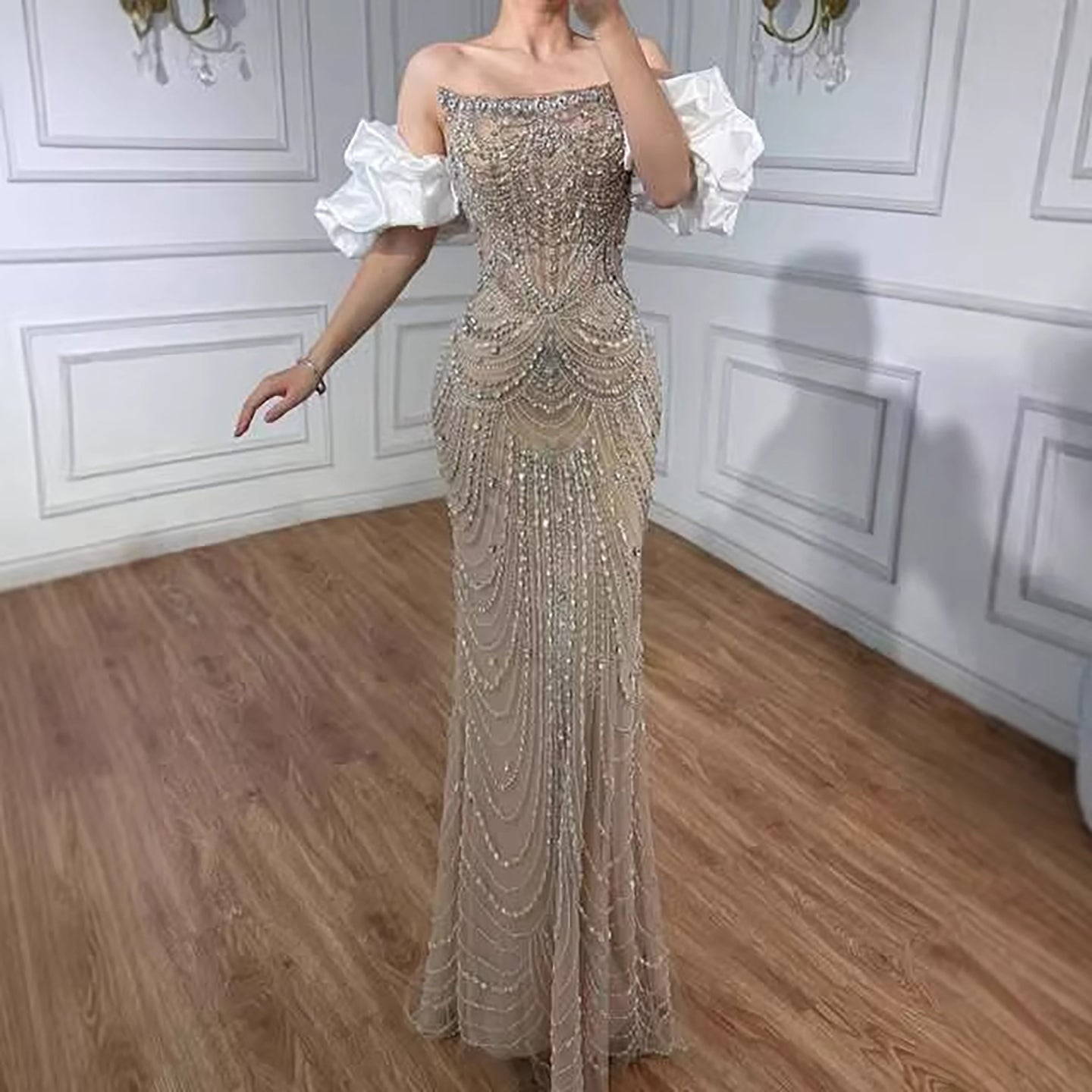 Luxury Red Beaded Evening Dress with Puff Sleeves Pearl Adorned LA72903