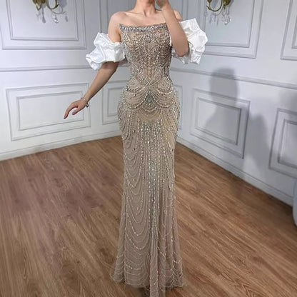 Luxury Red Beaded Evening Dress with Puff Sleeves Pearl Adorned LA72903