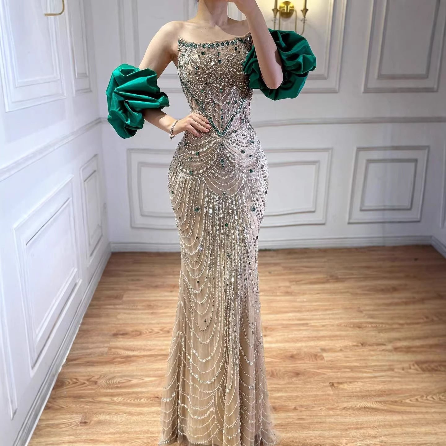 Luxury Red Beaded Evening Dress with Puff Sleeves Pearl Adorned LA72903