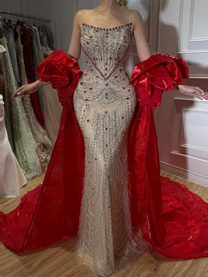 Luxury Red Crystal Beaded Mermaid Dress with Detachable Cape LA72903A