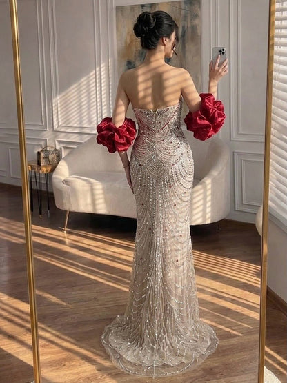 Luxury Red Crystal Beaded Mermaid Dress with Detachable Cape LA72903A