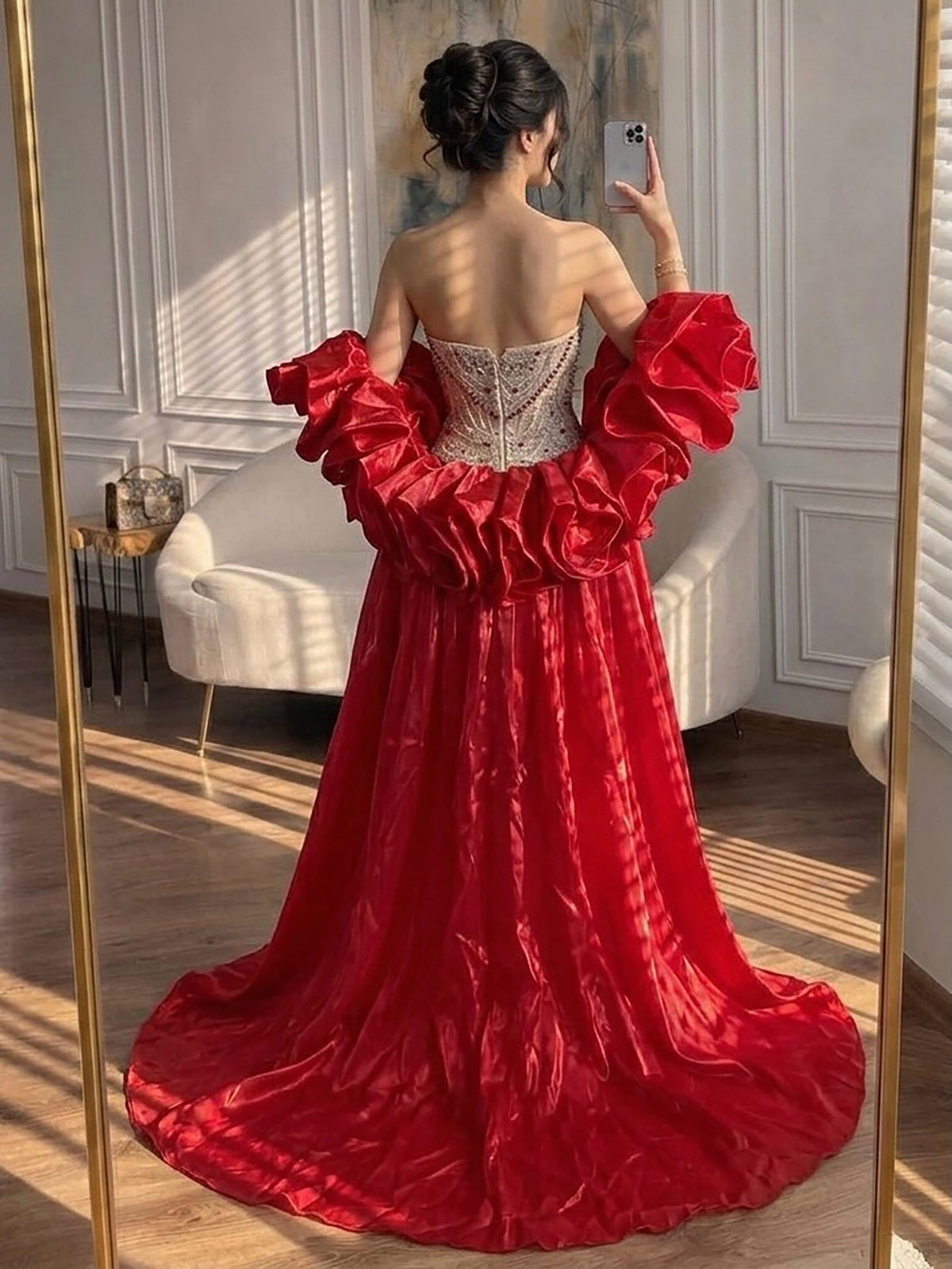 Luxury Red Crystal Beaded Mermaid Dress with Detachable Cape LA72903A