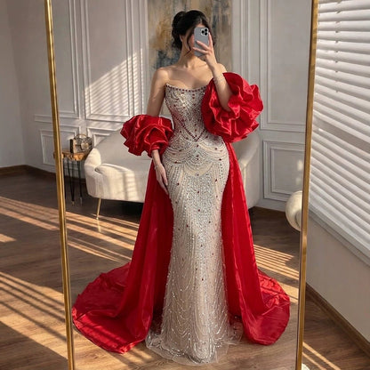 Luxury Red Crystal Beaded Mermaid Dress with Detachable Cape LA72903A